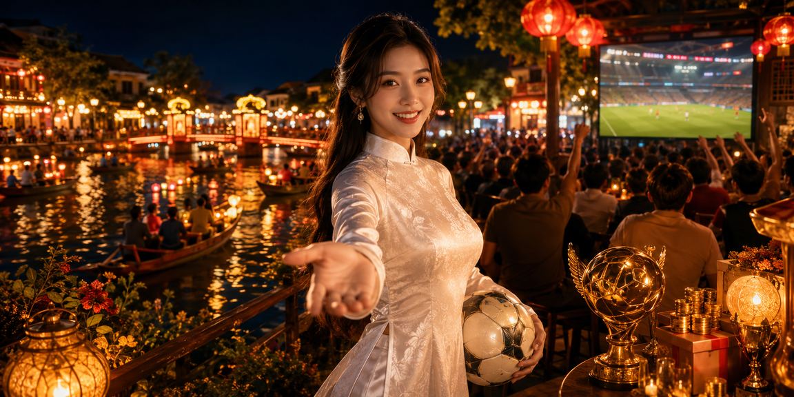 Phụ nữ mặc áo dài truyền thống Hội An xem kết quả cá cược bóng đá trên điện thoại