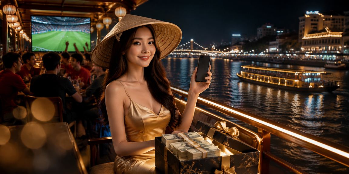 Người dùng thư giãn bên sông Mekong với chiếc nón lá, tận hưởng giải trí lành mạnh trên điện thoại
